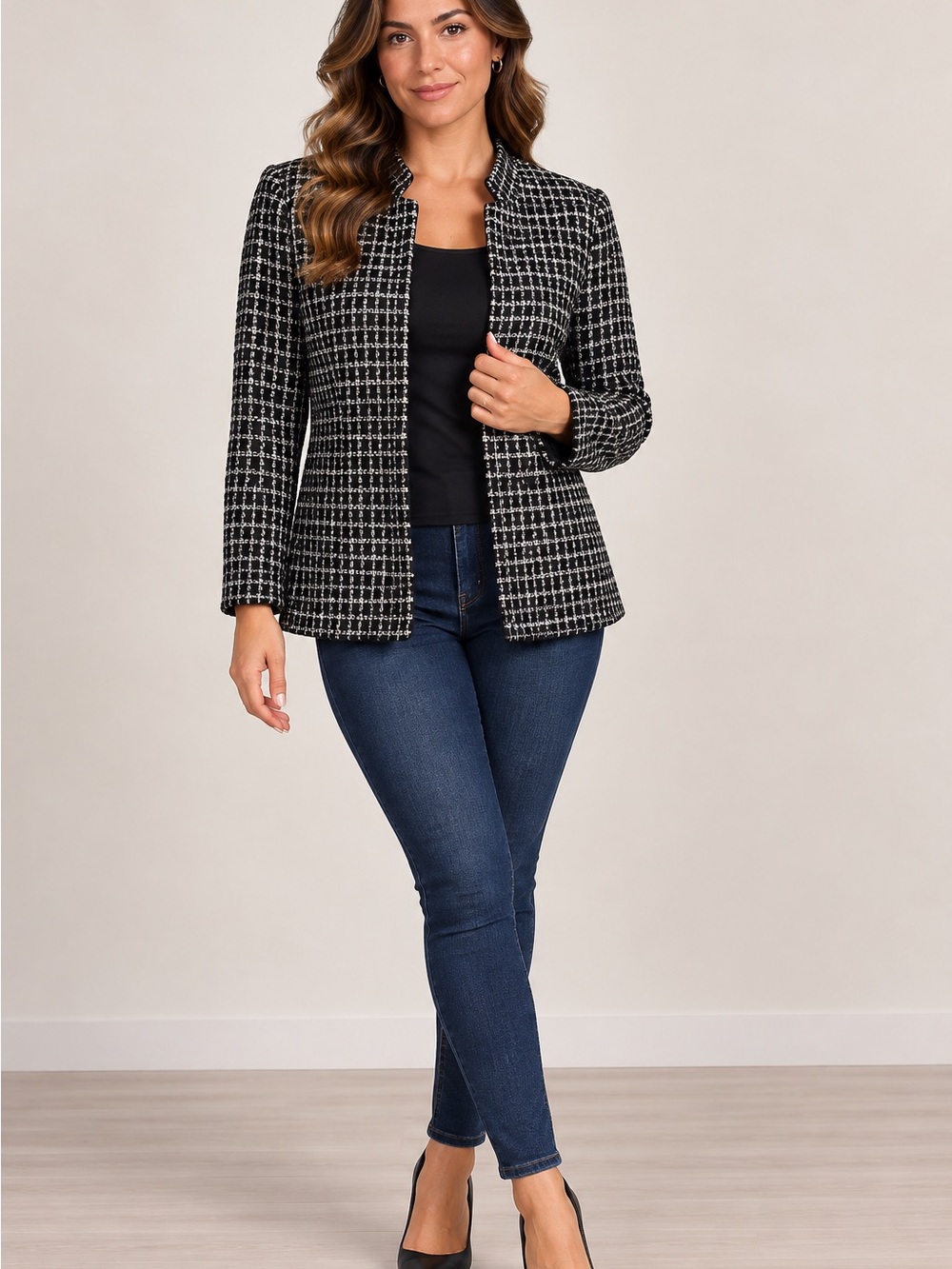 Classic Black & White Tweed Open-Front Jacket
